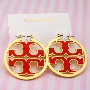 Tory Burch Miller Hoop Leather Inlay Earrings in Red - Brand New